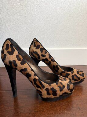 Stuart Weitzman Leopard Print Ponyhair Peep Toe Heels (Size 9.5)
